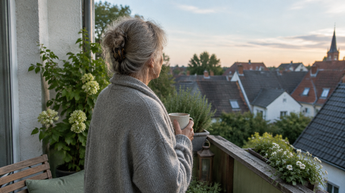 Frau mit Tasse auf dem Balkon in der Abenddämmerung – Abendroutine zum Einschlafen