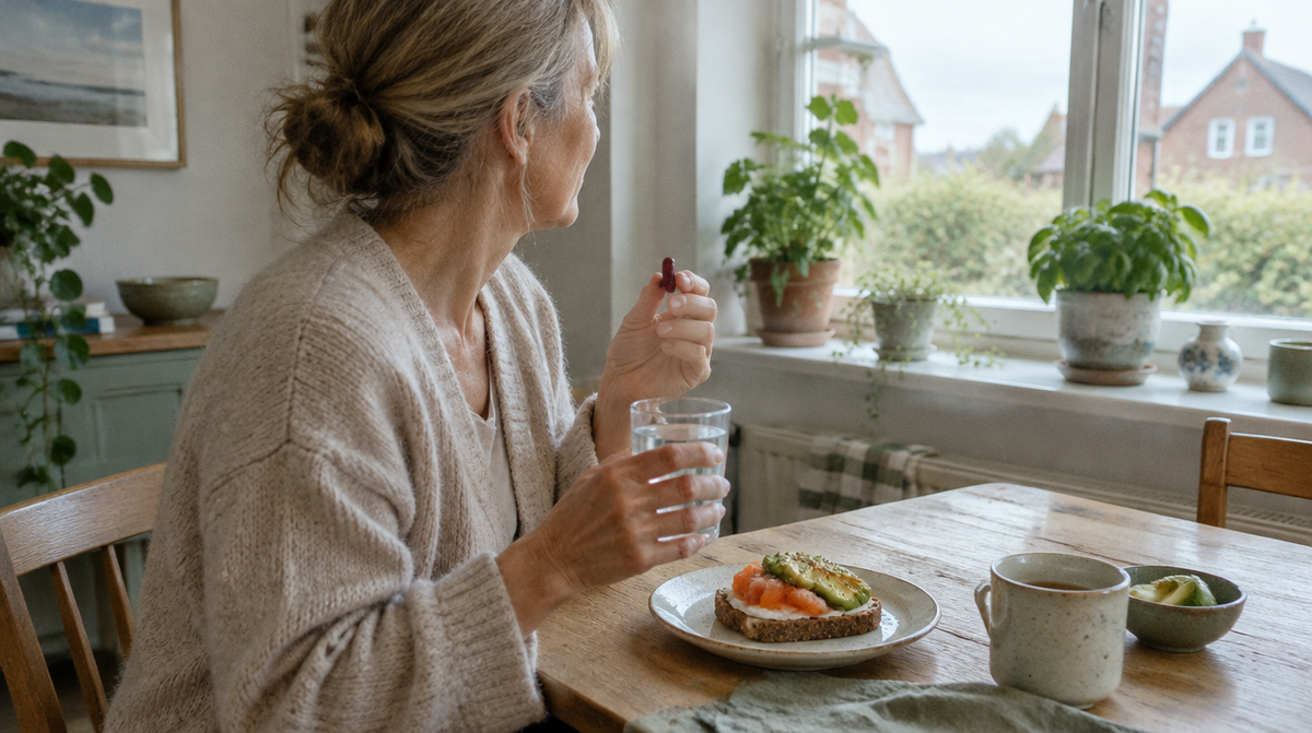 Frau beim Frühstück mit Lachs und einer roten Kapsel – Astaxanthin