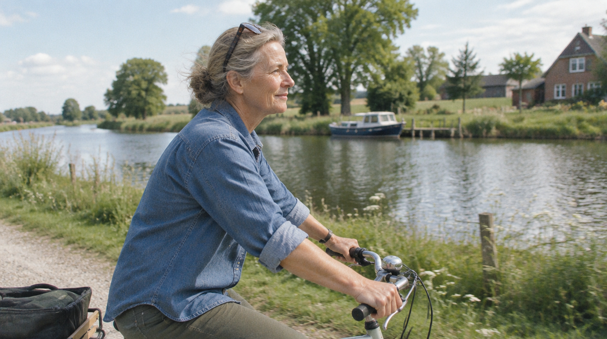 Frau fährt Fahrrad am Kanal – Blutdruck natürlich unterstützen