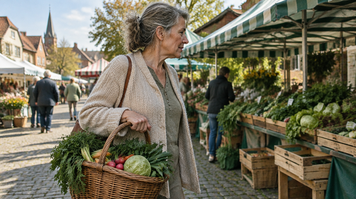 Frau mit Gemüsekorb auf dem Wochenmarkt – Calcium-Versorgung