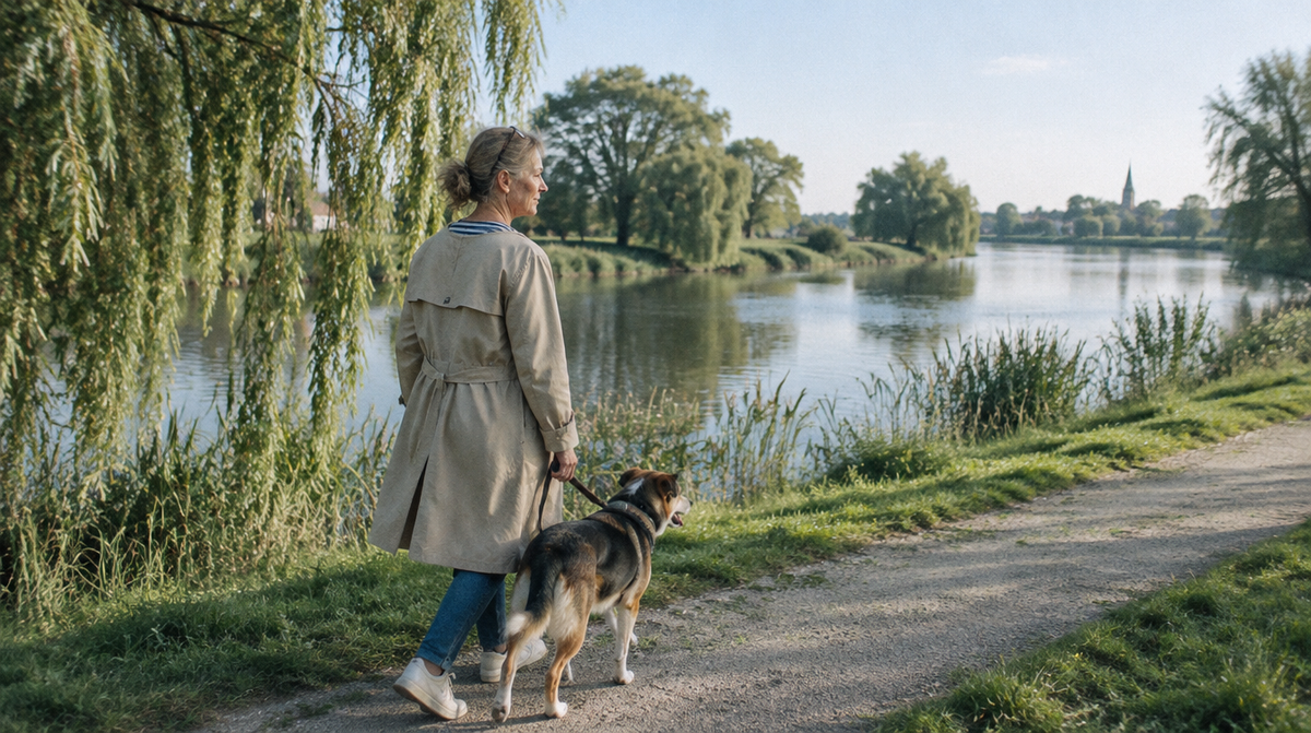 Frau geht mit ihrem Hund am Flussufer spazieren