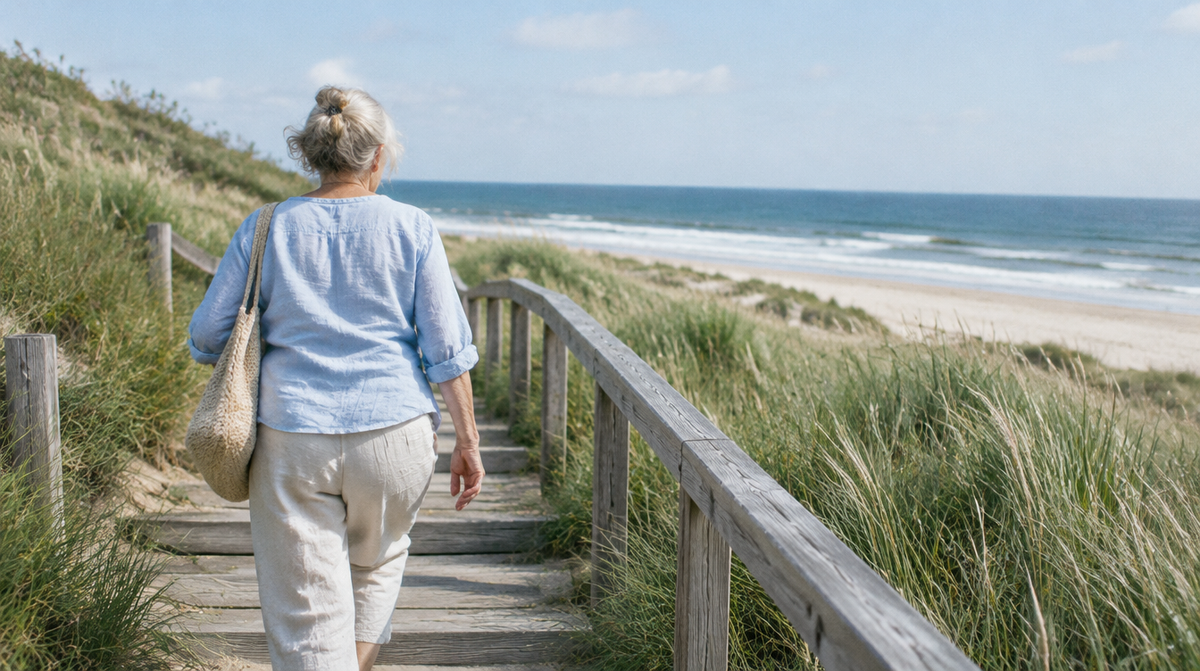 Frau ab 50 geht über einen Holzsteg durch die Dünen zum Strand – Gelenke beweglich halten