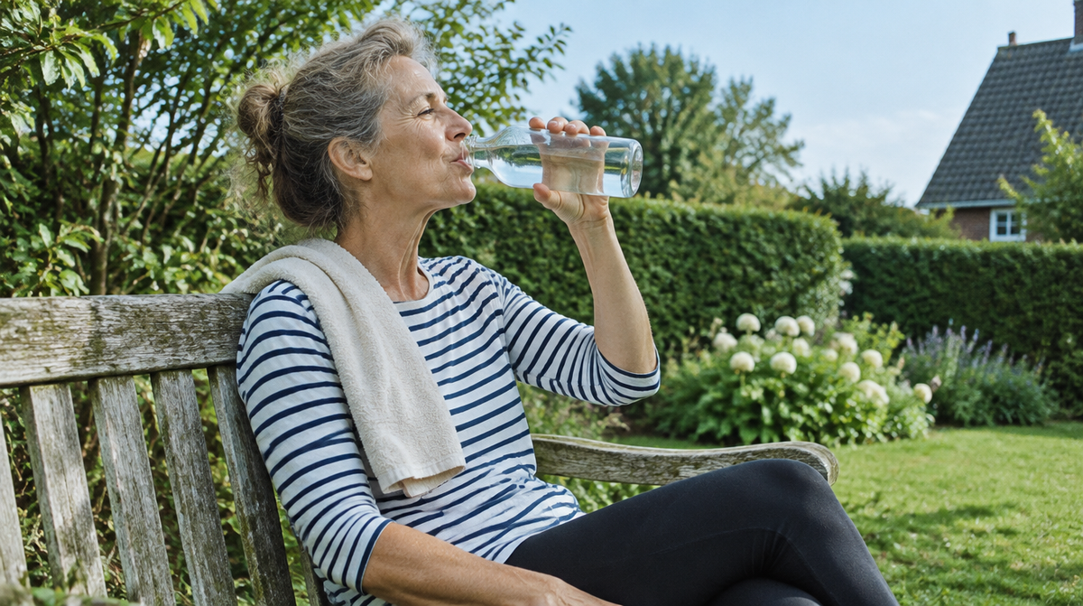 Frau trinkt nach dem Training Wasser auf einer Gartenbank