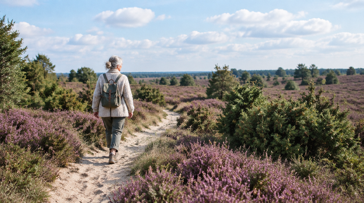 Frau um die 60 wandert durch die Heide – Osteoporose vorbeugen