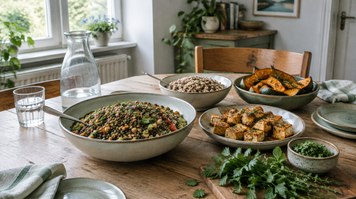 Gedeckter Tisch mit Linsensalat, Tofu und Quinoa