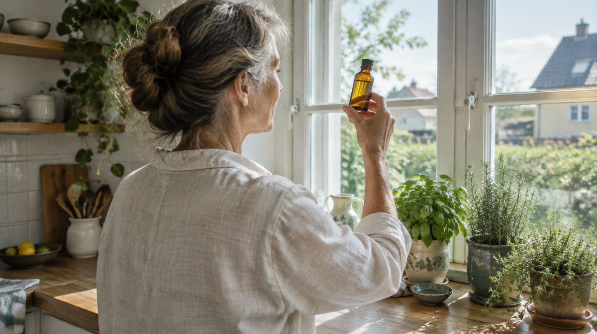 Frau prüft eine Flasche Schwarzkümmelöl im Gegenlicht