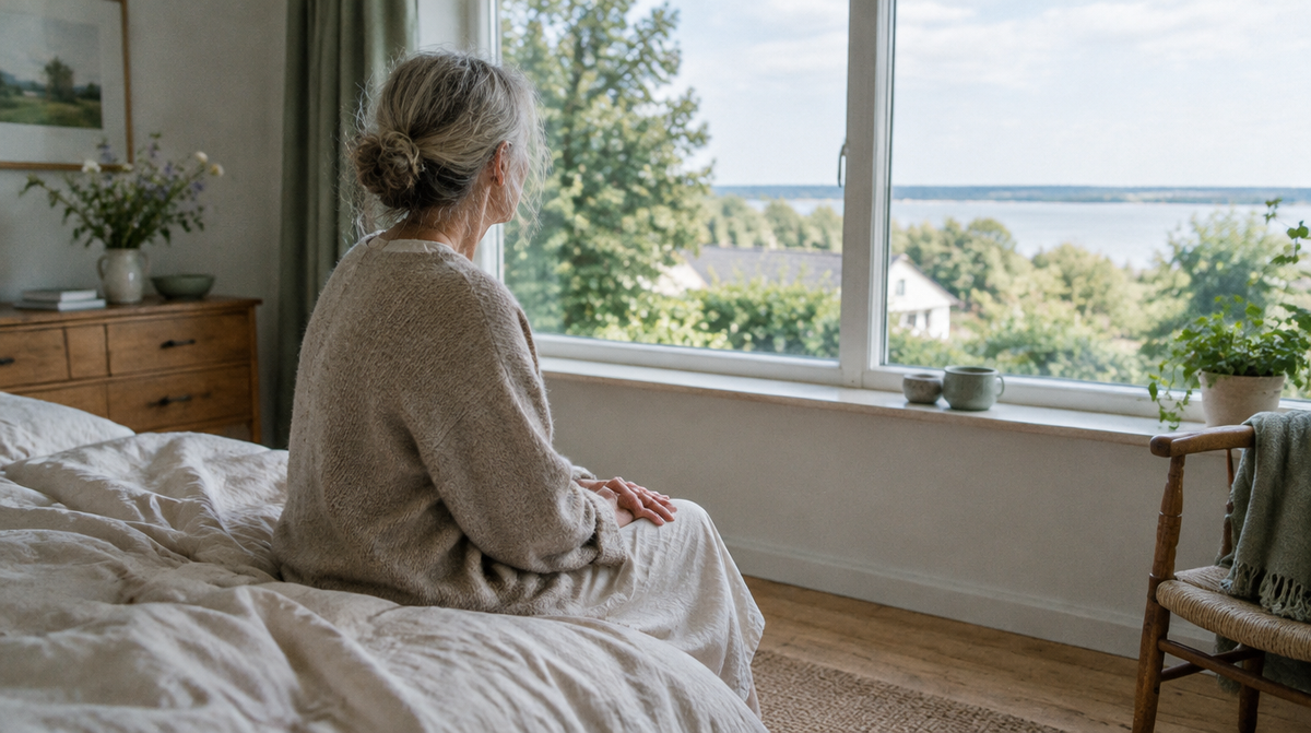 Frau sitzt morgens ruhig auf der Bettkante und schaut aus dem Fenster