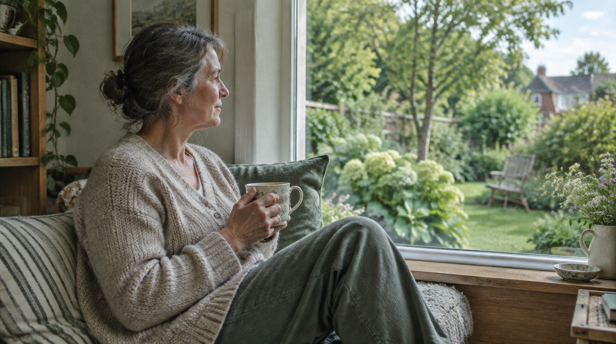 Frau mit Teetasse am Fenster – Ratgeber Ashwagandha