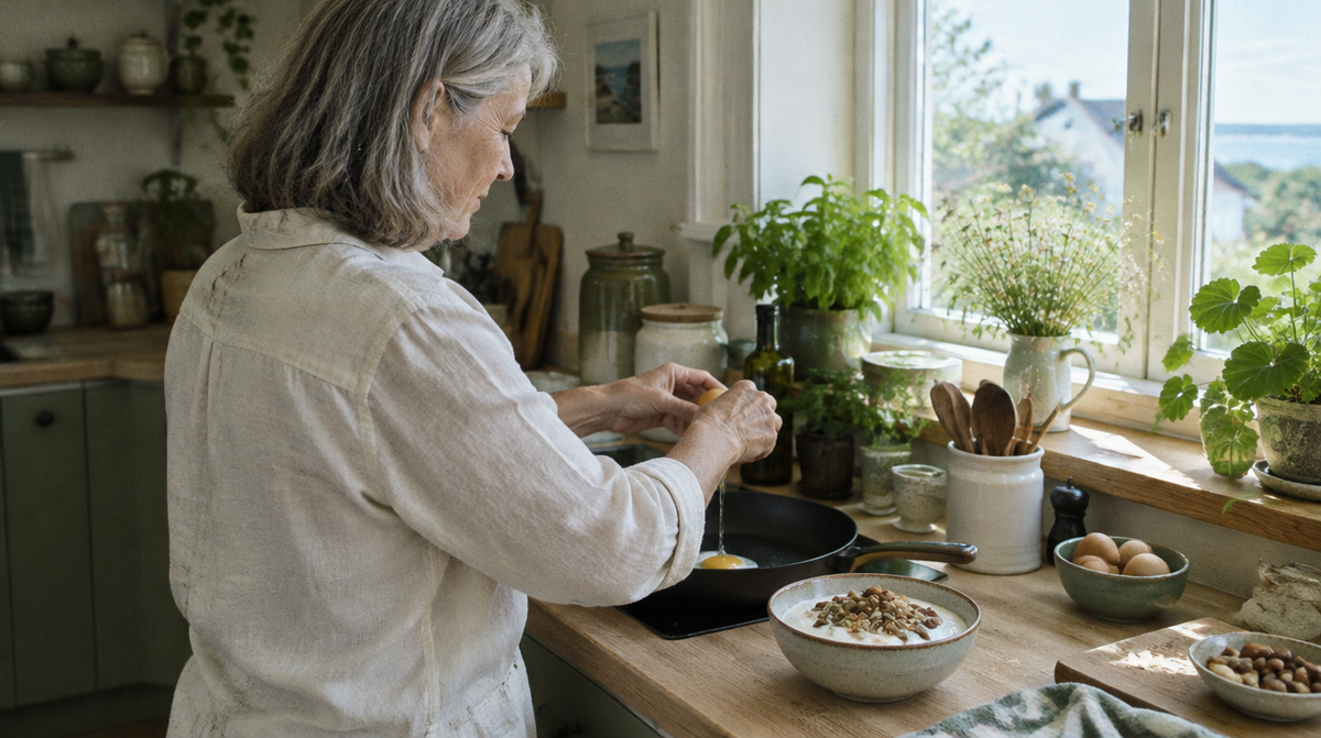 Frau bereitet ein eiweißreiches Frühstück zu