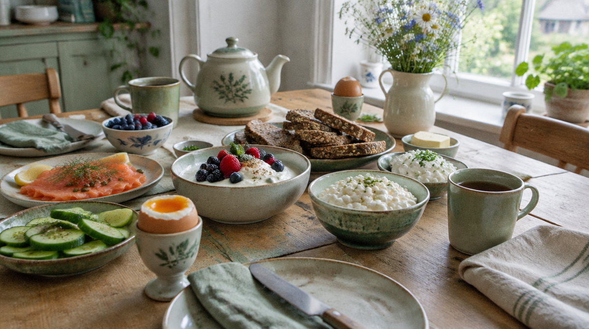 Gedeckter Frühstückstisch mit Eiern, Quark, Lachs und Vollkornbrot