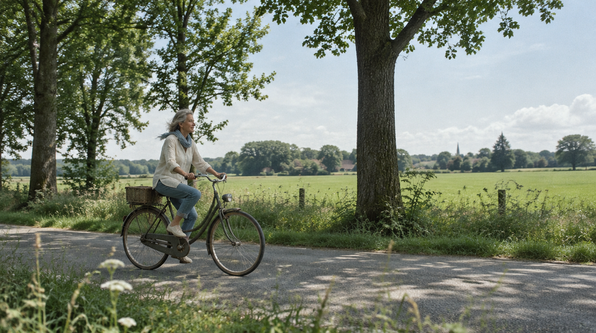 Frau fährt mit dem Fahrrad über eine Landstraße zwischen grünen Feldern