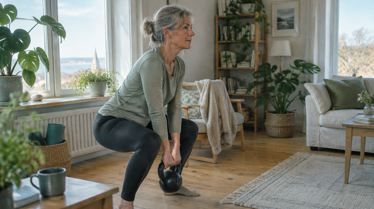 Frau beim Krafttraining mit Kettlebell im Wohnzimmer