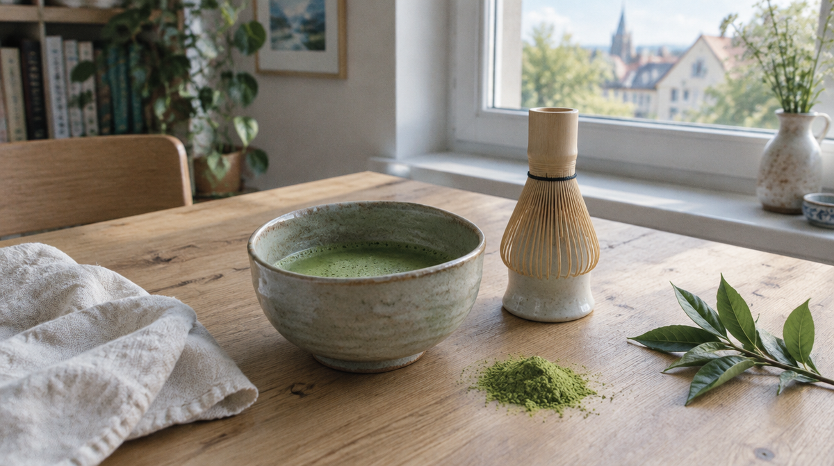 Matcha in einer Keramikschale mit Bambusbesen