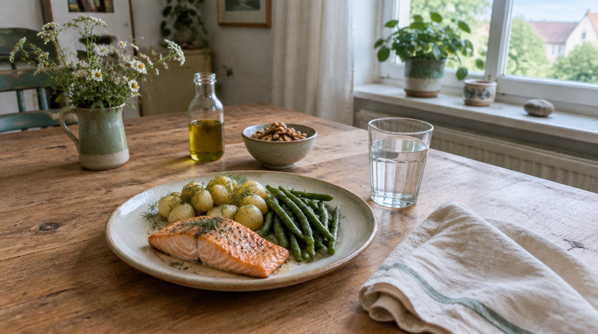 Lachs, Walnüsse, Leinsamen und Leinöl auf einem Holztisch