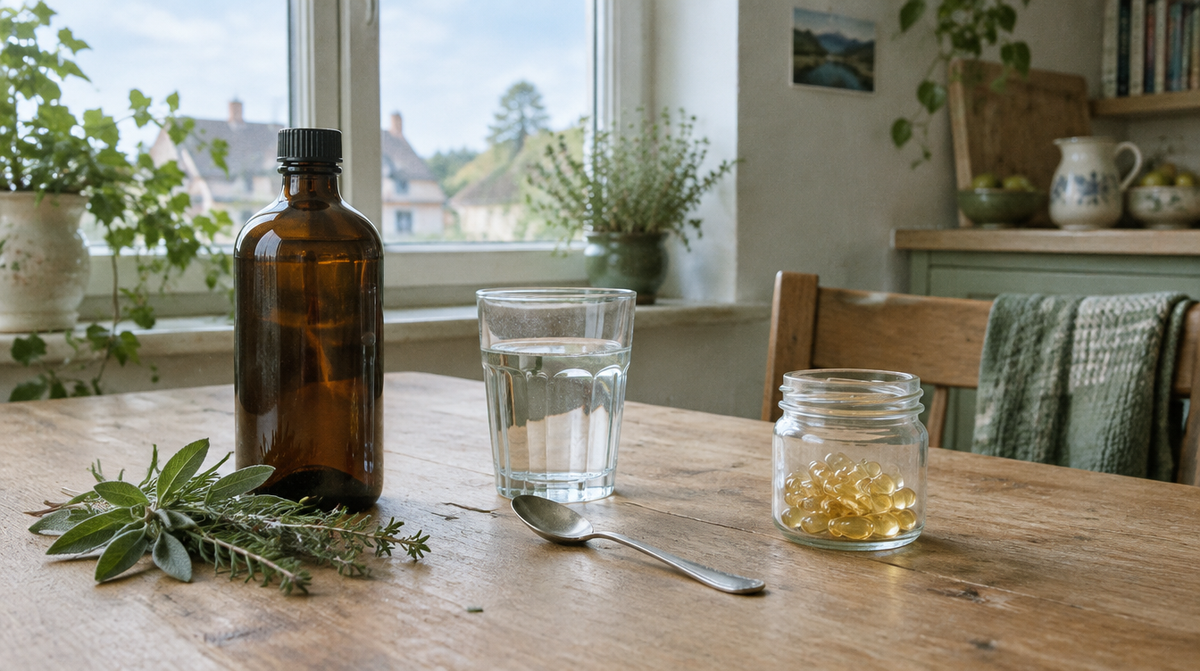 Schwarzkümmelöl in der Flasche und als Kapseln auf dem Küchentisch