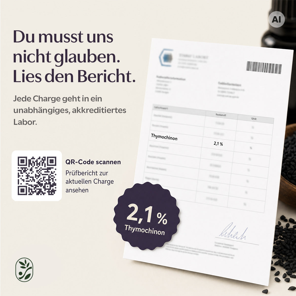 Laborbericht mit 2,1 % Thymochinon