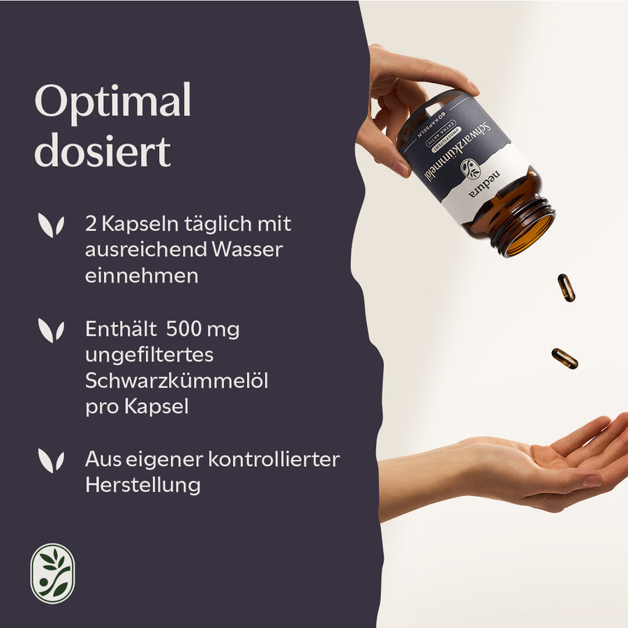 2 Kapseln mit je 500 mg ungefiltertem Schwarzkümmelöl
